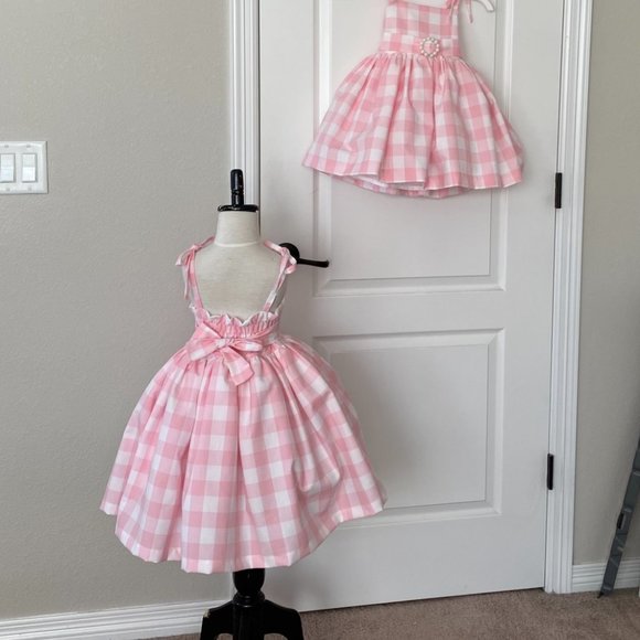 girls pink gingham dress with matching bow - Picture 4 of 5